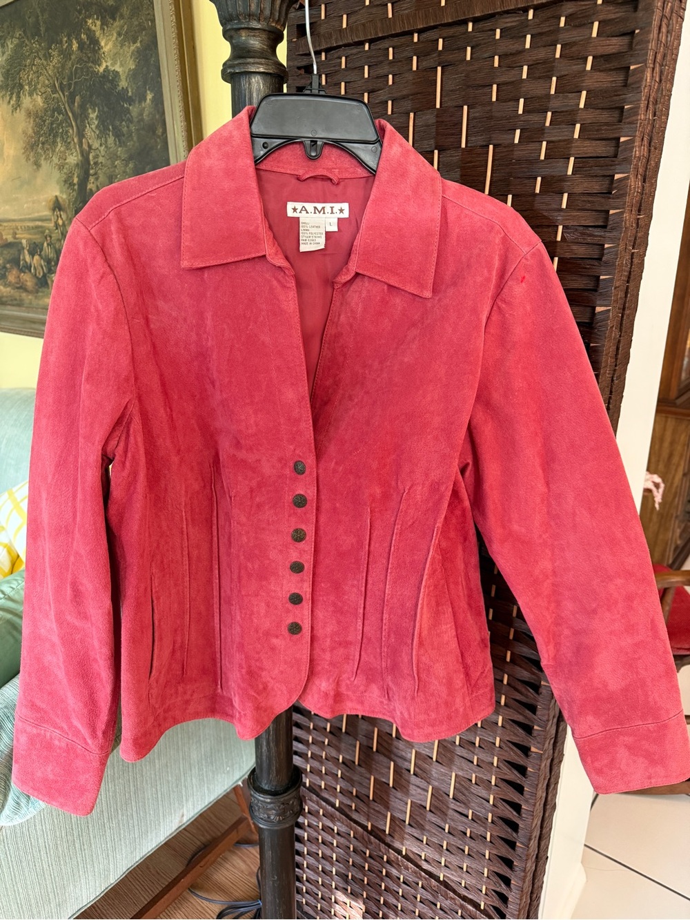 Vintage A.M.I. Pink Suede Leather Jacket Size L Pleated Corset Waist